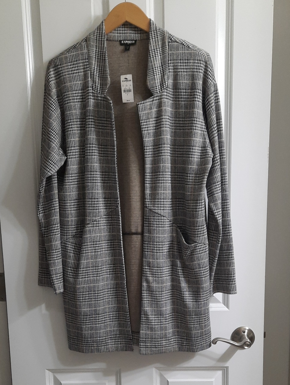 New Express Black and White Plaid Open-Front Longline Blazer Jacket
